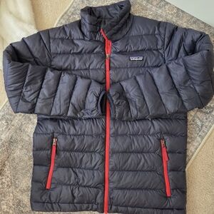 Patagonia Navy Puffer Jacket with Red Zippers. Youth Large. Like New!!